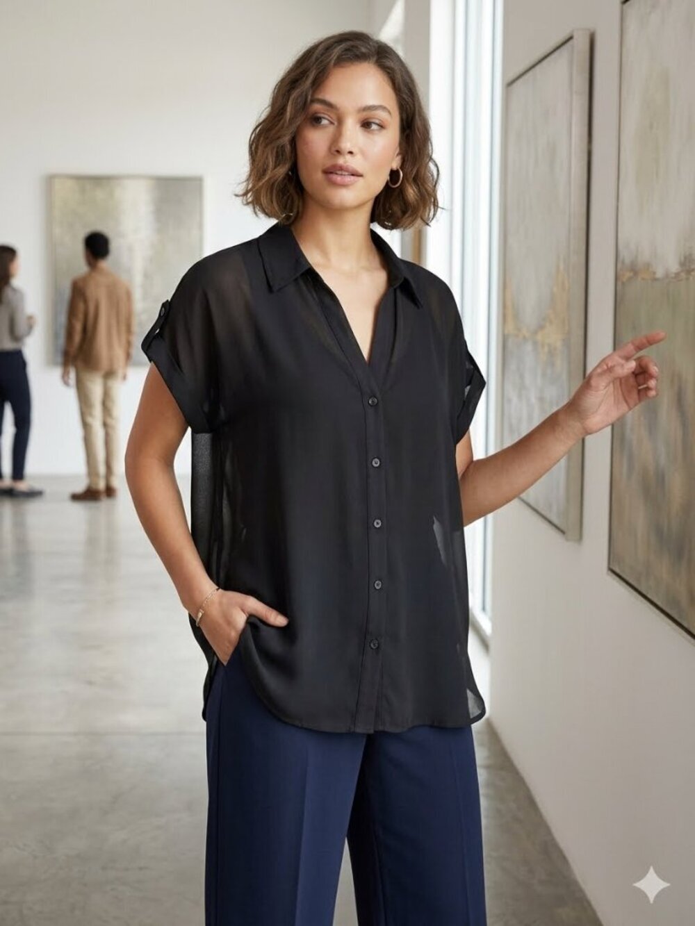 Zenobia Women's Size 3XL Black Short Sleeve Chiffon Sheer Button Down Shirt
